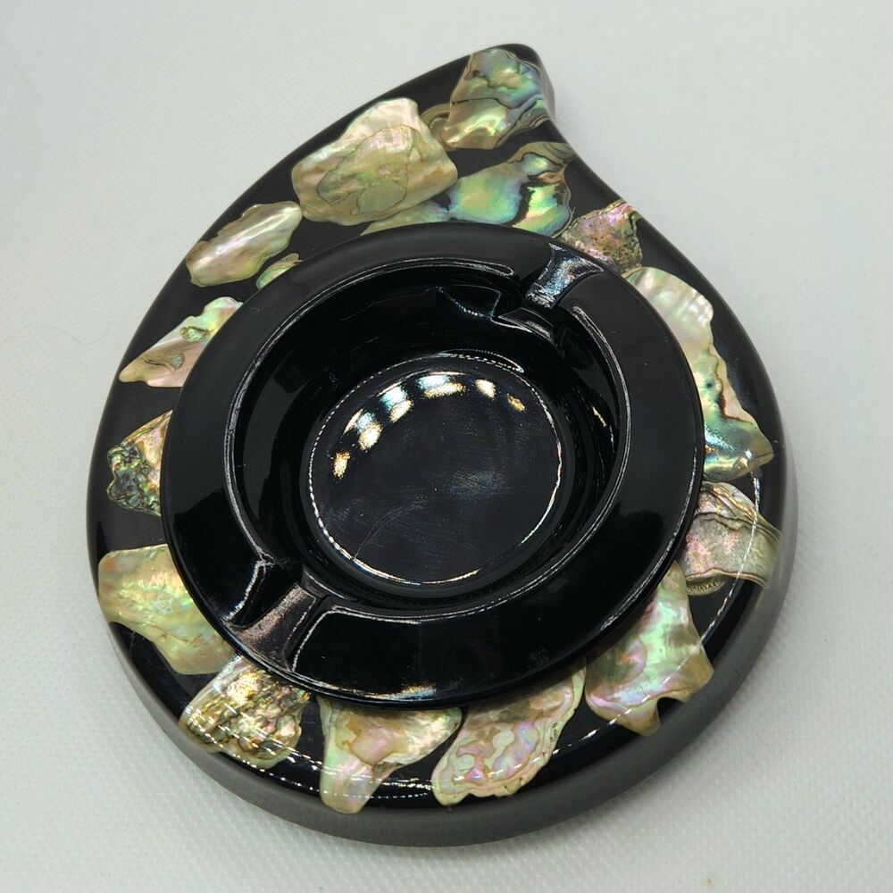 1970s Design Gifts Lucite & Abalone Ashtray - Black Base Removeable Ashtray